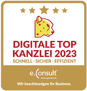 Logo der Digitalen Top Kanzlei 2023, rote Schrift, gelber Hintergrund, stilisierter Löwenkopf.