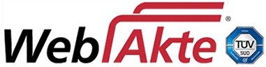 Logo der WebAkte mit dem TÜV-SÜD-Siegel, rote und schwarze Schrift auf weißem Hintergrund.