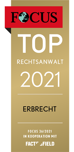 Fokus-Auszeichnung 2021 für einen Top-Rechtsanwalt im Erbrecht, goldener Hintergrund.