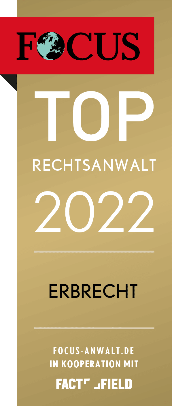 Preis mit der Aufschrift "FOCUS Top Rechtsanwalt 2022 Erbrecht" in Rot und Gold.