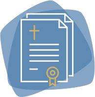 Zwei stilisierte Dokumente mit Kreuz und Siegel in Blau und Gold auf blauem Hintergrund.