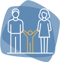 Abstrakte Darstellung einer Familie mit Eltern und Kind, minimalistisch gezeichnet, blaue und goldene Farben.