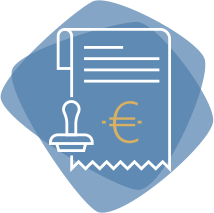 Ein blaues Symbol zeigt einen weißen Beleg mit Euro-Zeichen und einem Stempel.