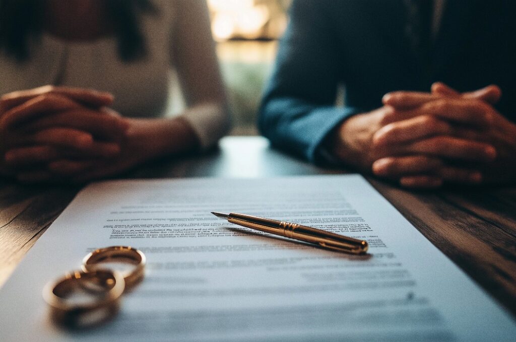 A divorce or legal separation document with a pair of wedding rings and a pen, with a couple sitting in the background.