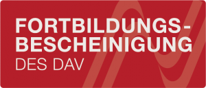 Rotes Rechteck mit weißer Aufschrift Fortbildungsbescheinigung des DAV und abstrakten Linien im Hintergrund