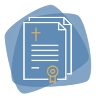 Zwei blaue Dokumente mit Kreuz und goldener Plakette auf abstraktem Hintergrund