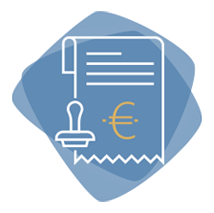 Grafik eines blauen Dokuments mit Eurozeichen und Stempel auf abstraktem Hintergrund