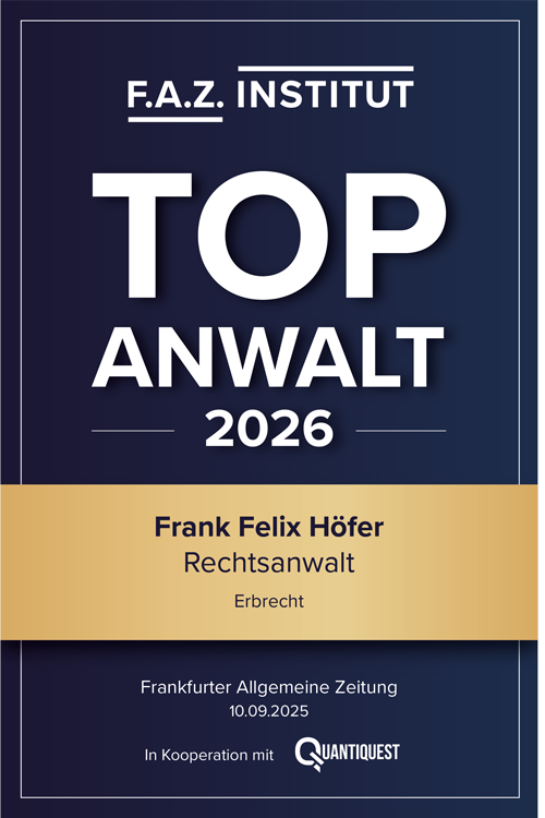 Ein blaues Zertifikat mit goldener Plakette zeigt Frank Felix Höfer als Top Anwalt 2026