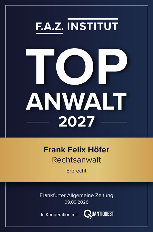 Auszeichnung Top Anwalt 2027 des F A Z Instituts fuer Frank Felix Hoefer