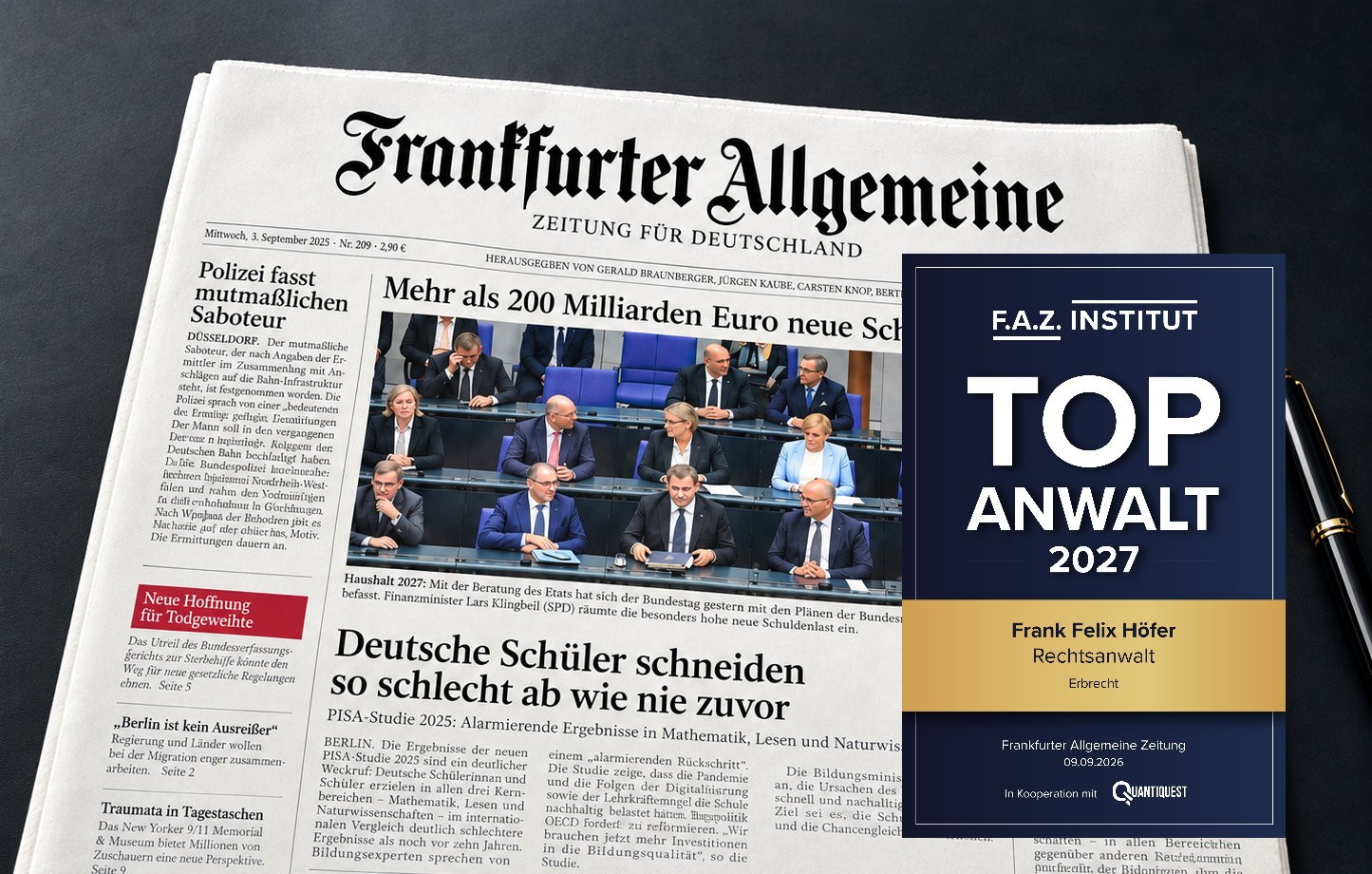 Frankfurter Allgemeine Zeitung mit blau goldener Auszeichnung Top Anwalt 2027