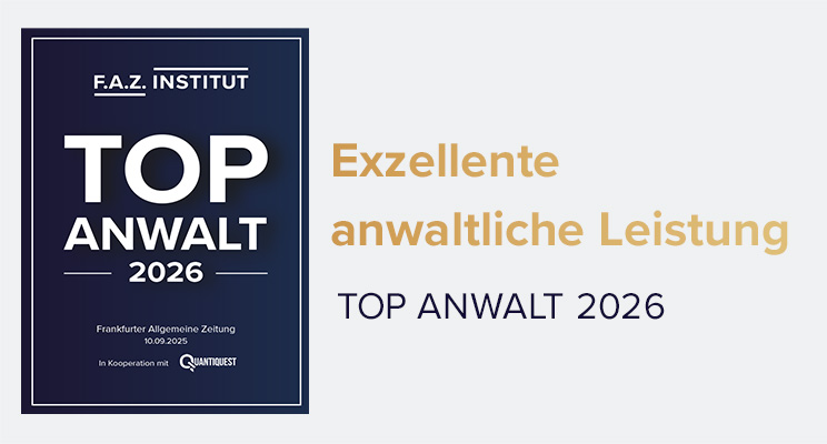 Ein blauer Preis für "TOP ANWALT 2026" von F.A.Z. INSTITUT mit goldenem Text.